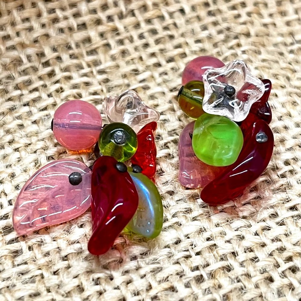 Vintage Super Sweet Glass Charm Earrings Flowers and Leaves